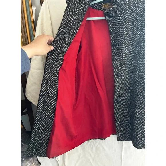 VTG Learsy 100% Wool Herringbone Coat Black White Red Lining Made in Uruguay 12 - Picture 5 of 16